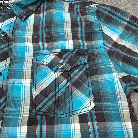 Skully Shirt Mens Medium Snap Up Teal Plaid Western Cowboy‎ Ranch Rodeo - Picture 5 of 10